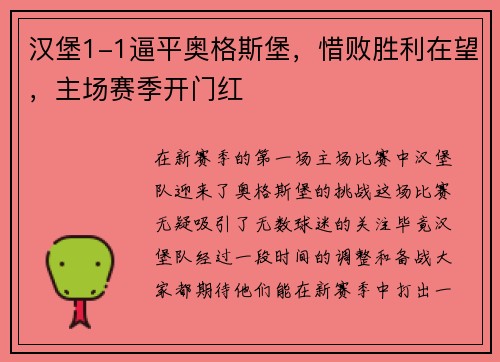 汉堡1-1逼平奥格斯堡，惜败胜利在望，主场赛季开门红