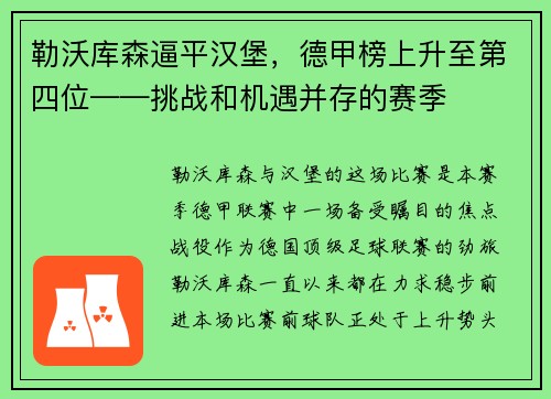 勒沃库森逼平汉堡，德甲榜上升至第四位——挑战和机遇并存的赛季