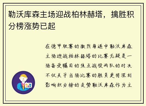 勒沃库森主场迎战柏林赫塔，擒胜积分榜涨势已起