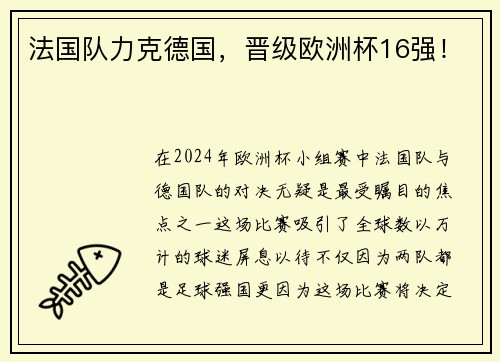 法国队力克德国，晋级欧洲杯16强！